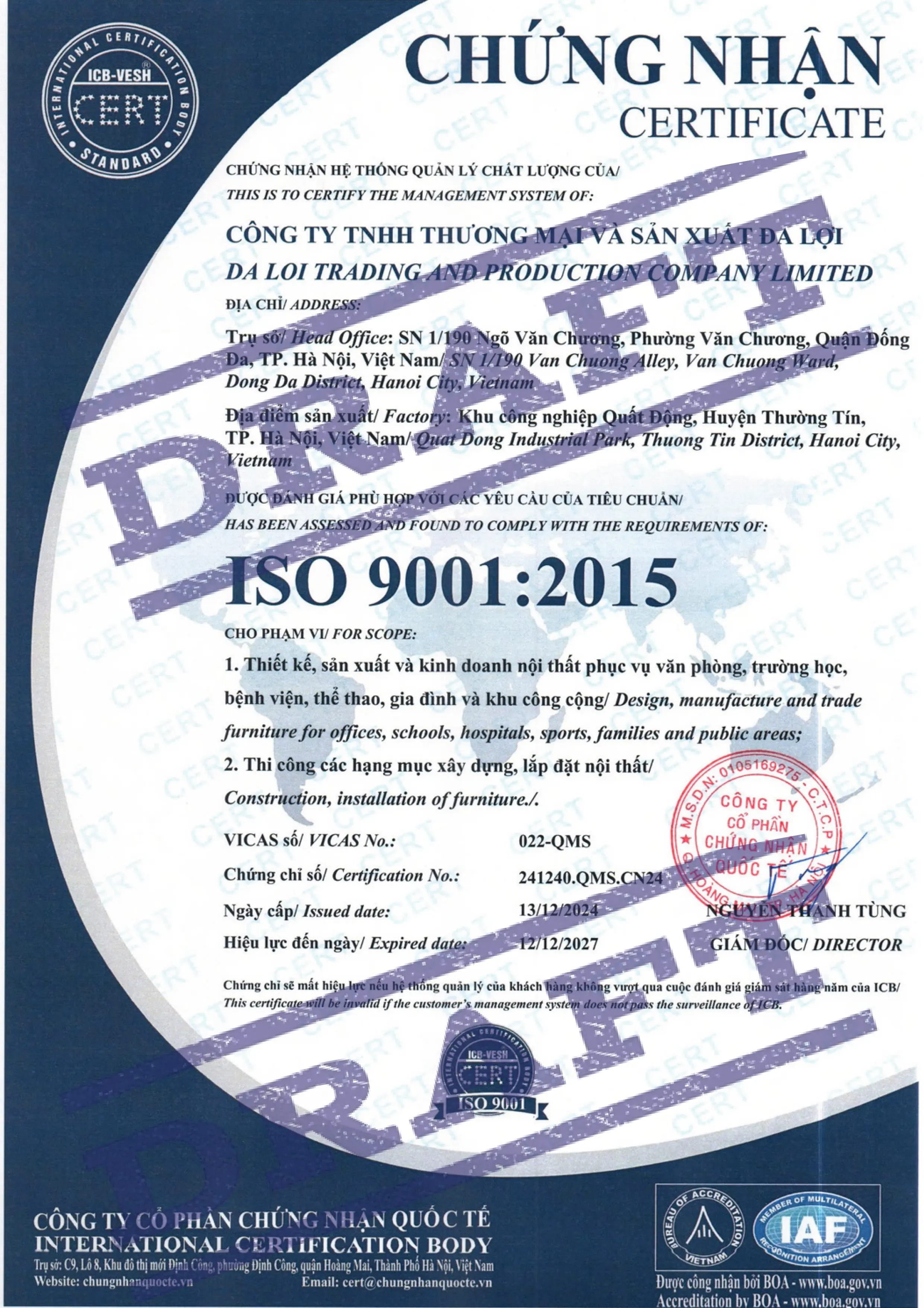 Chứng nhận iso-9001 vách ngăn TOKY