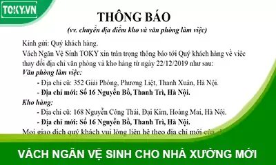 Thông báo: chuyển kho và văn phòng vách ngăn vệ sinh TOKY